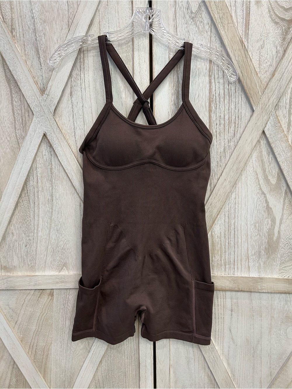 Women’s Brown Ribbed Crossback Shorts Yoga Romper